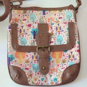 Brown and Multicolor Owl Print Crossbody Bag